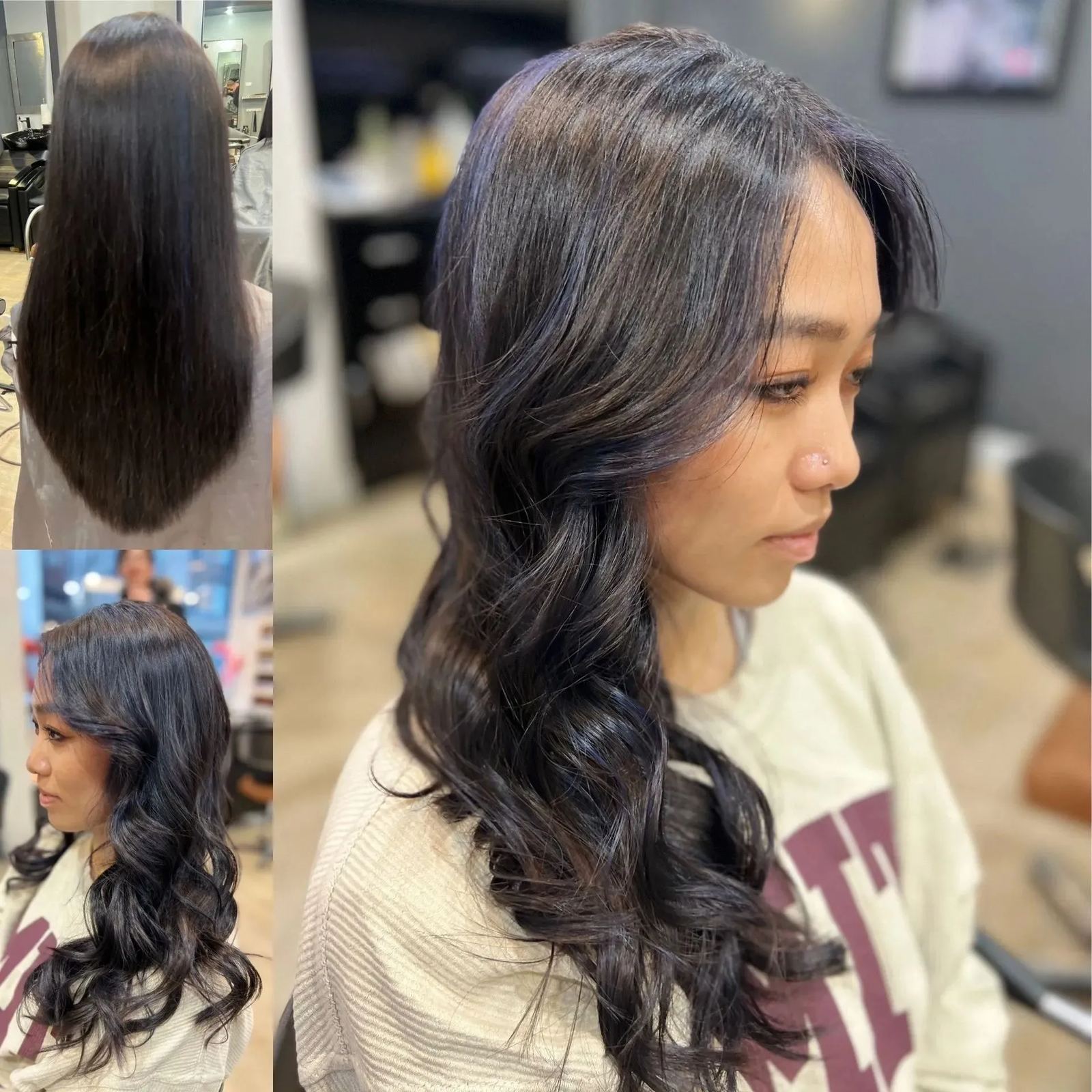 Dark wavy hair color transformation