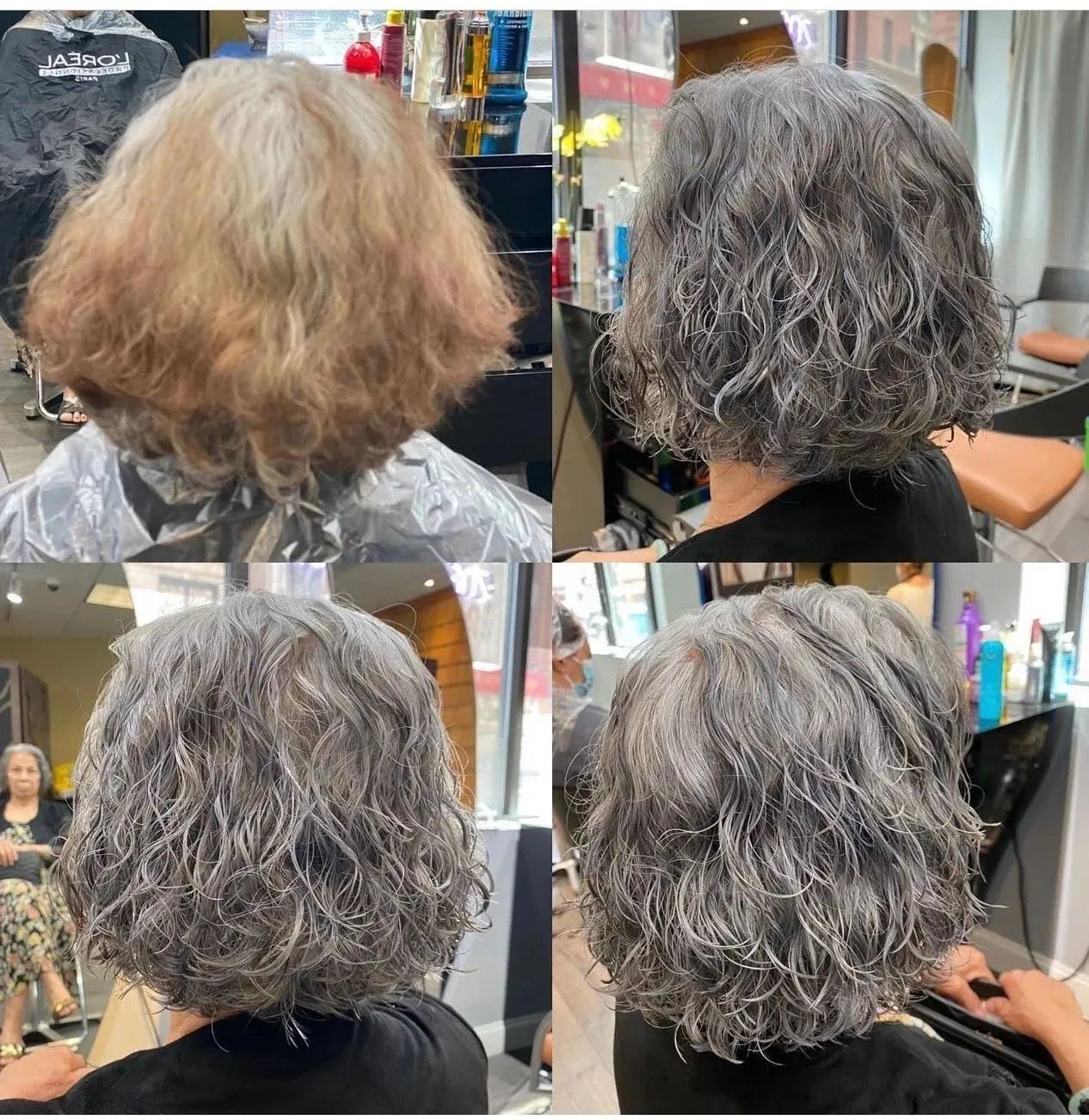 Silver gray curly bob transformation